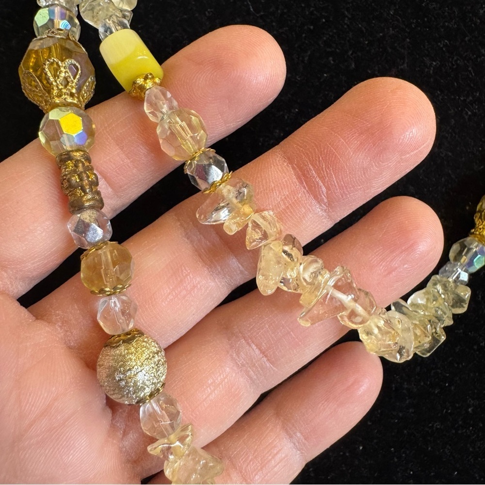 Vintage Aber Glass & Citrine Gem Chips Faceted Iridescent Long Beaded Necklace